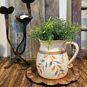 Unique Handcrafted Boulder Pottery Pitcher with Floral Leaf Design-Vintage Style